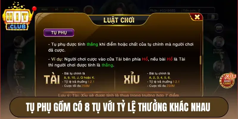 Rồng Hổ Hitclub - Luật Chơi Đơn Giản, Nhận Thưởng Đều Tay 4 Tụ phụ gồm có 8 tụ với tỷ lệ thưởng khác nhau